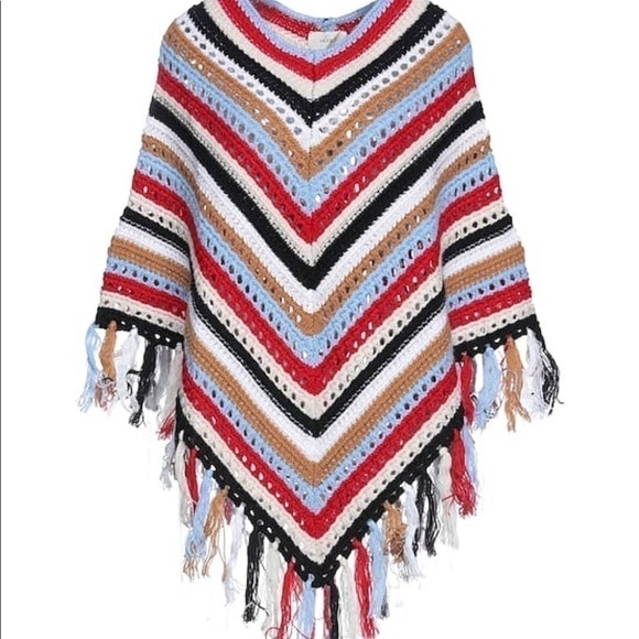 Vicolo Handcrafted Bohemian Crochet Knitwear Knitted Fringe Cape Poncho - Picture 1 of 10